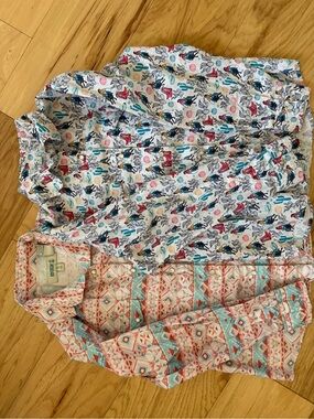 Girl’s Patterned Western Snap Shirts - White with Teal & Coral Accents